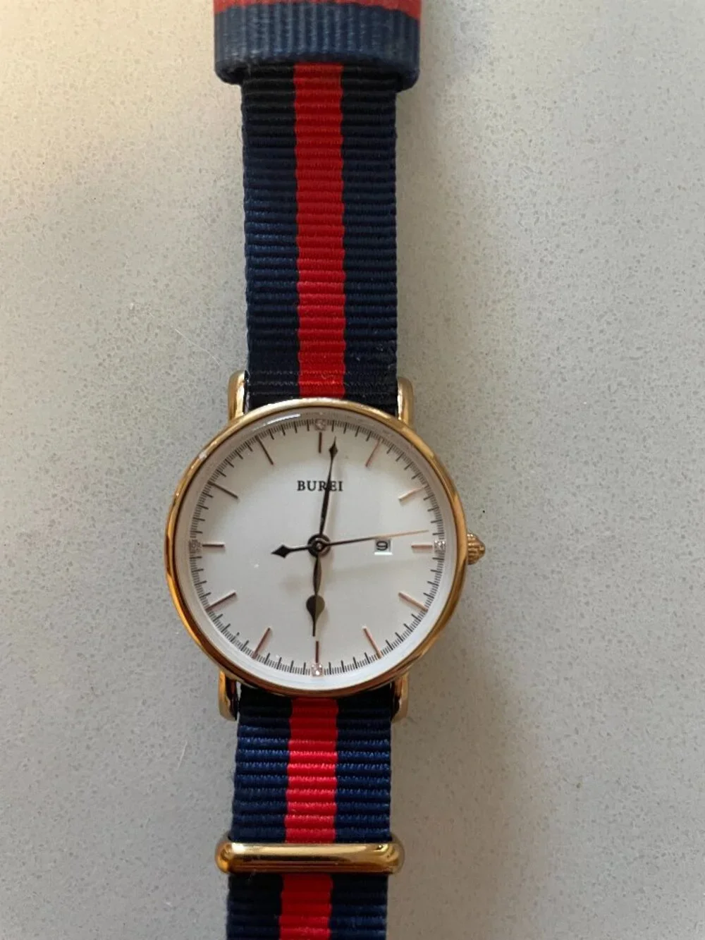 Burei Men’s Watch 41mm Rose Gold Tone Case Blue/Red NATO Band White Dial A15